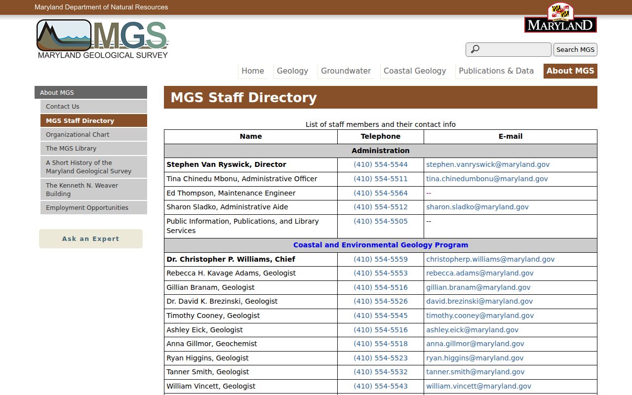 Bowie people directories example of a Maryland agency staff list