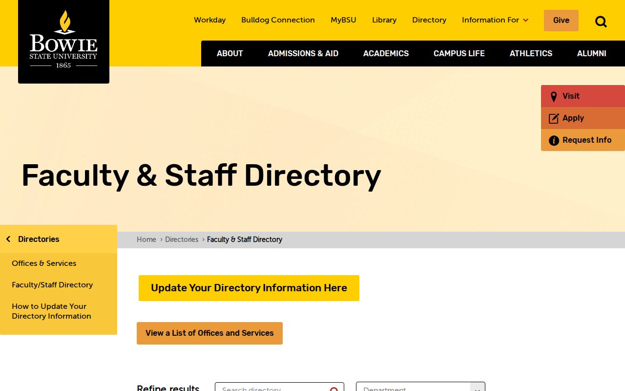 Bowie people directories search controls at Bowie State University